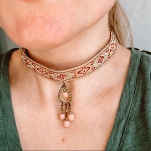 Vintage Fabric Beaded Choker Necklace